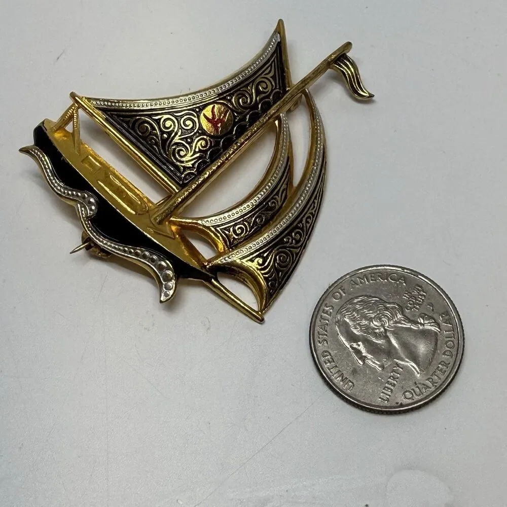 Vintage Spanish Damascene Sailboat Brooch